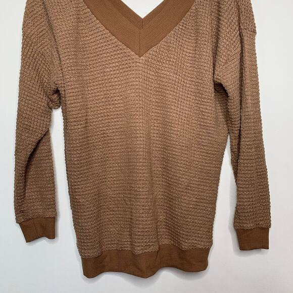 Adreamly women's brown v-neck waffle knit oversize long sleeve top Small - Picture 5 of 8